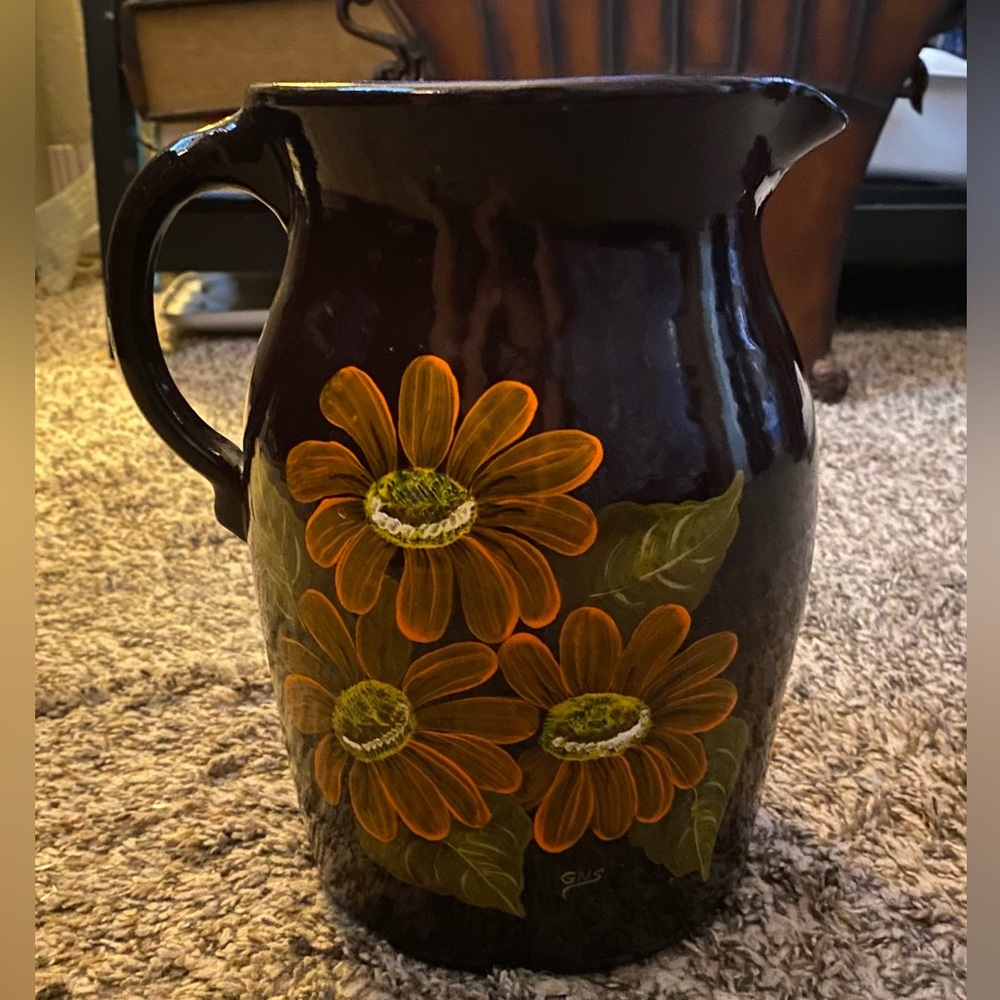Vintage brown glazed ceramic jug with floral hand painted. Ceramic Pitcher.